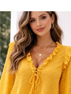 Anthropologie haida Yellow Ruffled V-Neck Swiss Dot Blouse